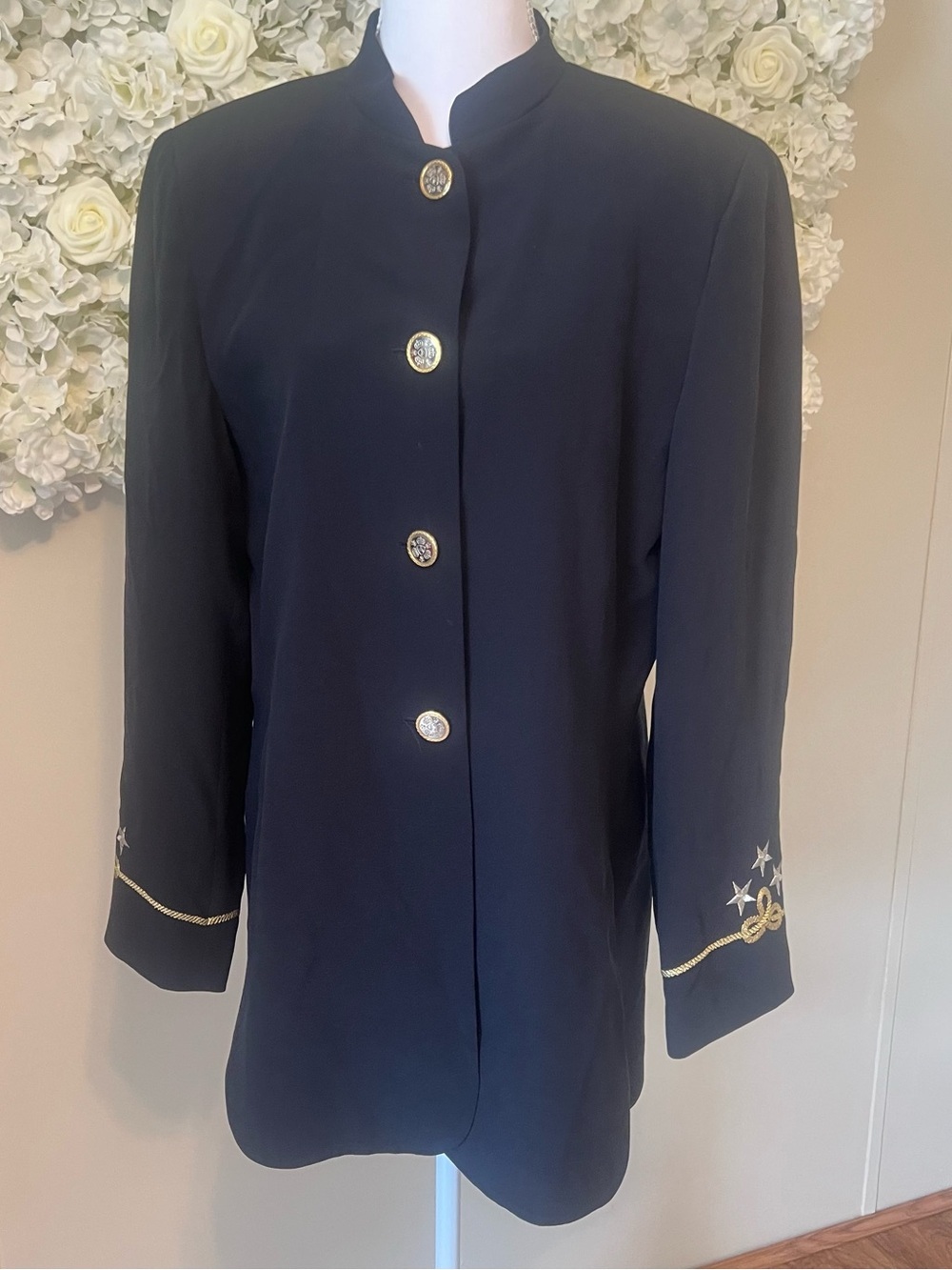 Peter Nygard vintage Navy Silk Blazer with Gold Embroidered Cuffs